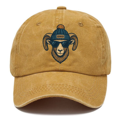 Colorado Rocky Mountain Bighorn Sheep wearing Denver beanie with pom pom and wayfarer - Classic Cap - Golden Harvest(Yellow)