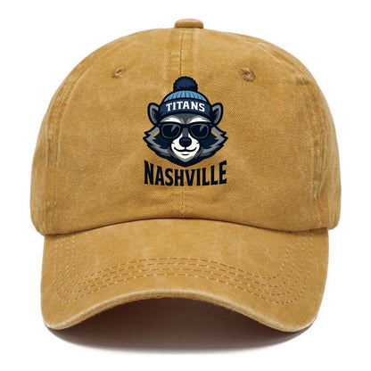 Nashville Raccoon wearing Titans navy and light blue beanie with pom pom and wayfarer - Classic Cap - Golden Harvest(Yellow)
