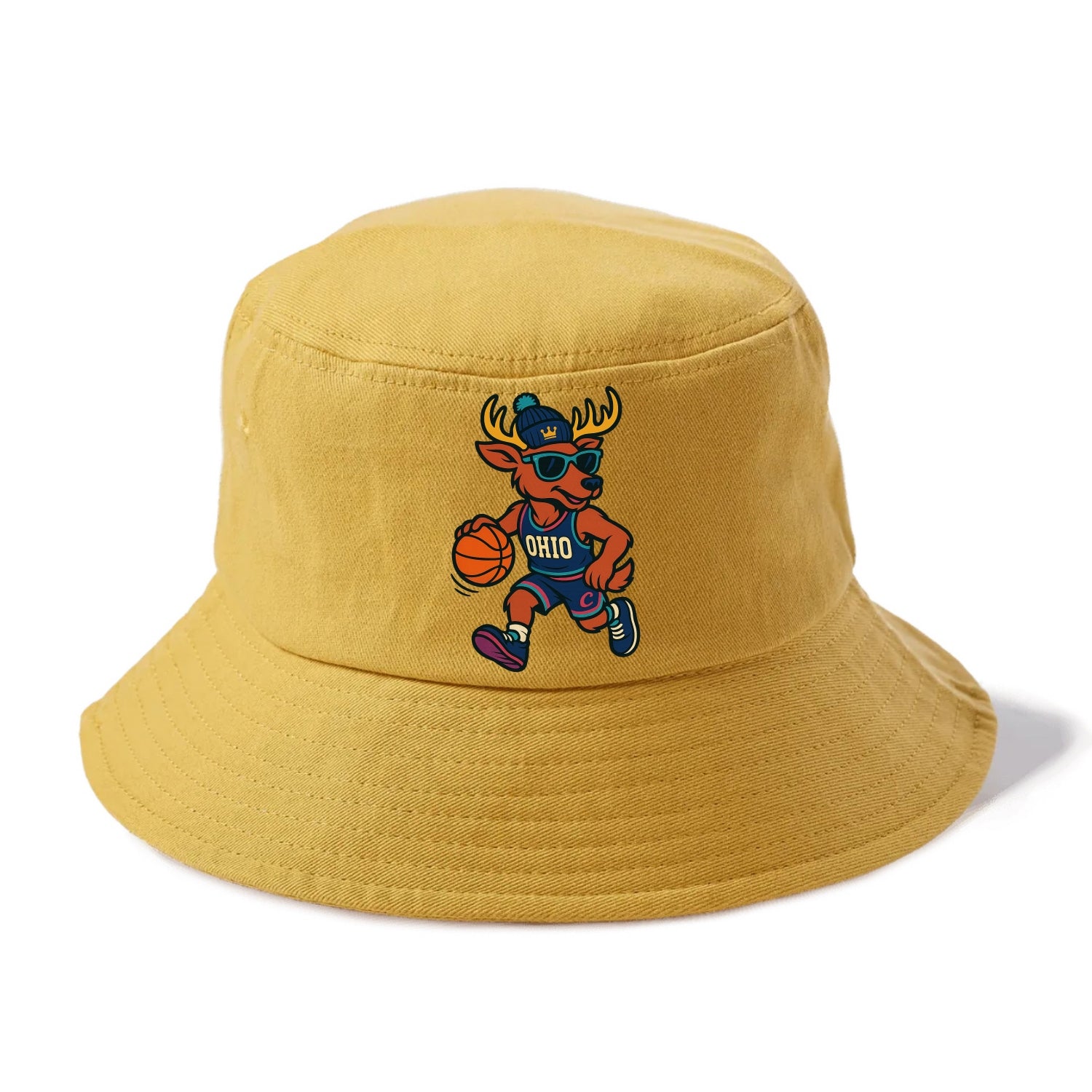 Ohio Deer wearing Cavs beanie with crown patch and wayfarer sunglasses - Bucket Hat - Golden Harvest(Yellow)
