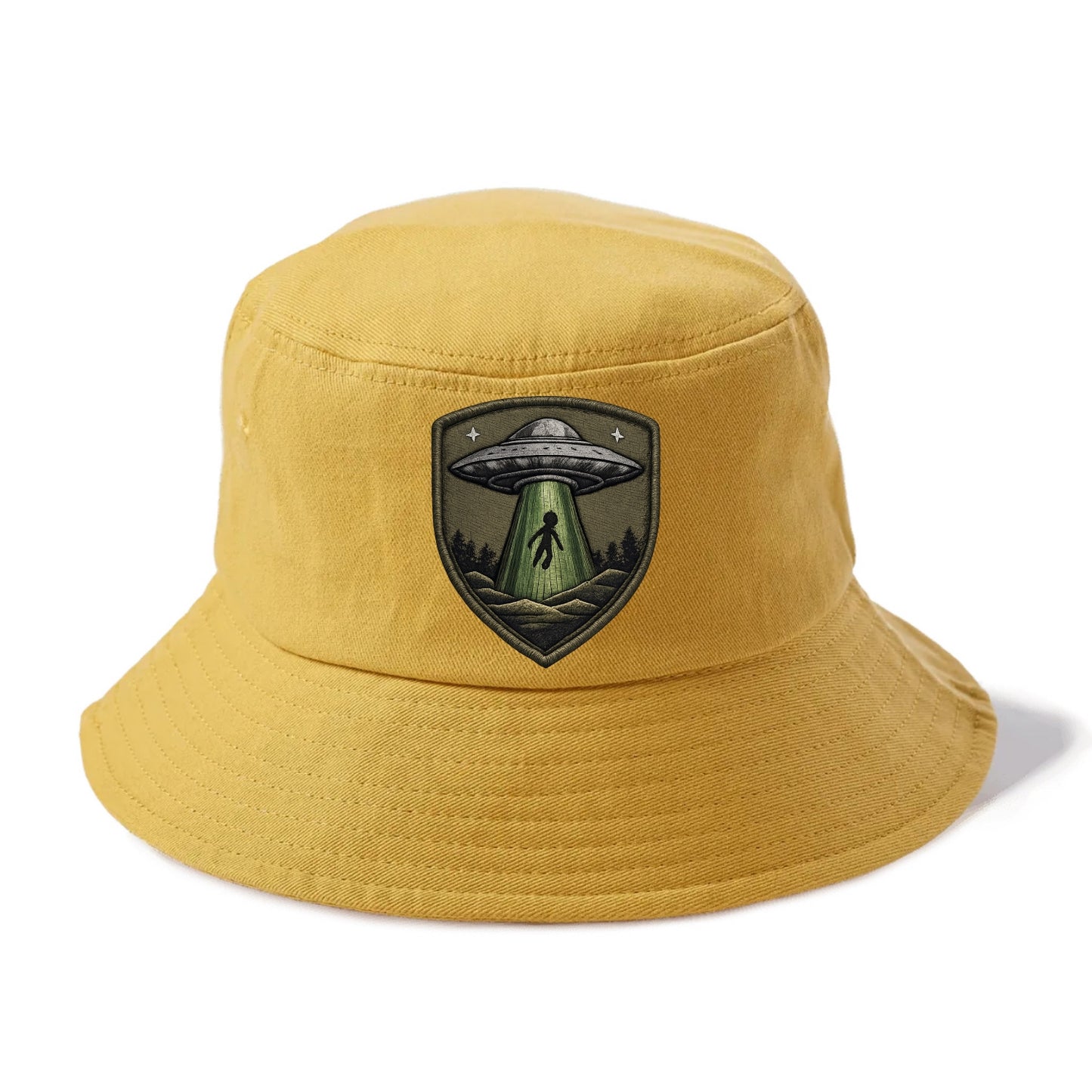 UFO ALIEN - flying saucer with beam in silver and green , extraterrestrial - Bucket Hat - Golden Harvest(Yellow)