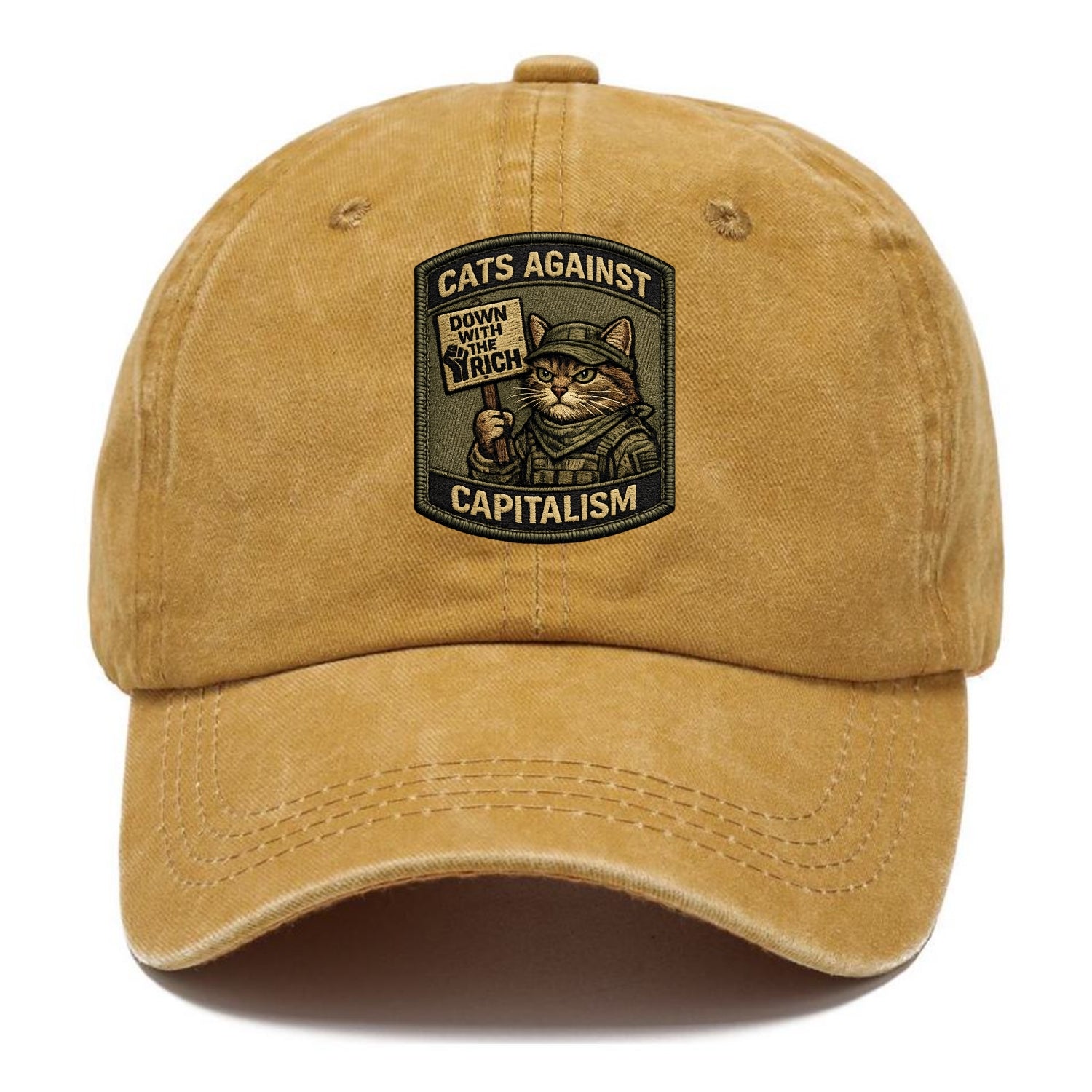CATS AGAINST CAPITALISM - cat with protest sign in red , political cat - Classic Cap - Golden Harvest(Yellow)