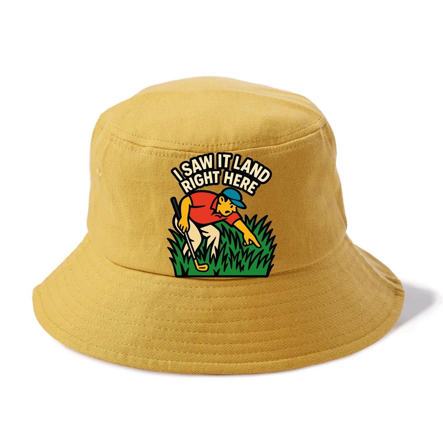 Golfer searching in deep rough - "I Saw It Land Right Here" - lost ball saga - Bucket Hat - Golden Harvest(Yellow)