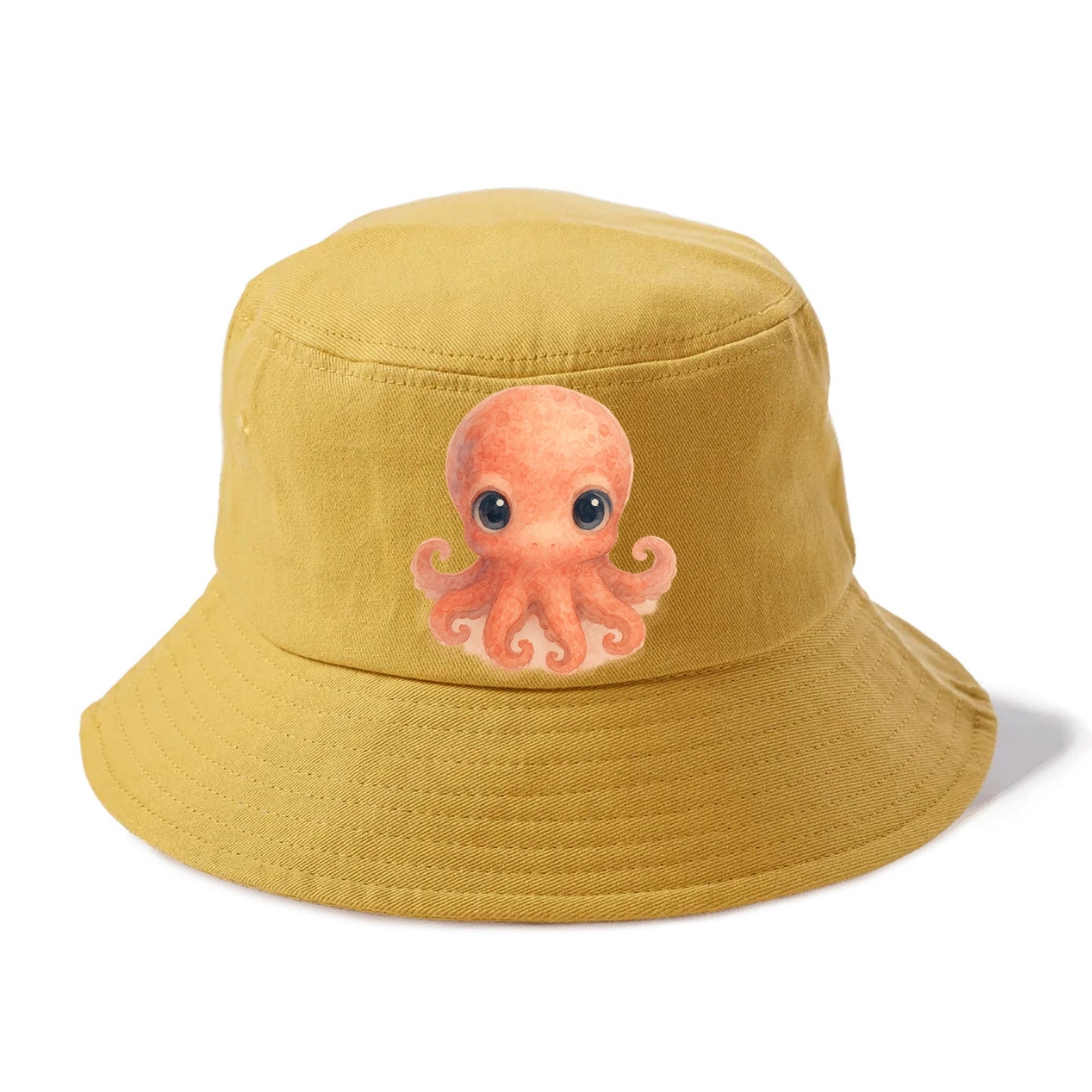 Baby Octopus - red-orange, eight tiny tentacles curled, large intelligent eyes, - Bucket Hat - Golden Harvest(Yellow)