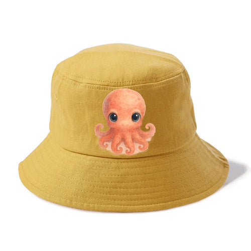 Baby Octopus - red-orange, eight tiny tentacles curled, large intelligent eyes, - Bucket Hat