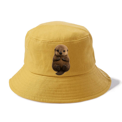 Baby Sea Otter - brown fluffy, floating on back, tiny paws, bright eyes, front-facing, - Bucket Hat - Golden Harvest(Yellow)