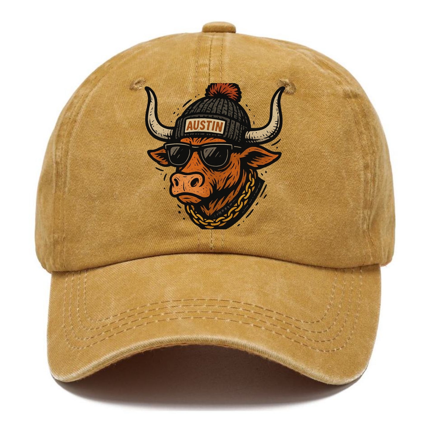 Texas Longhorn wearing Austin beanie with pom pom and wayfarer sunglasses - Classic Cap - Golden Harvest(Yellow)