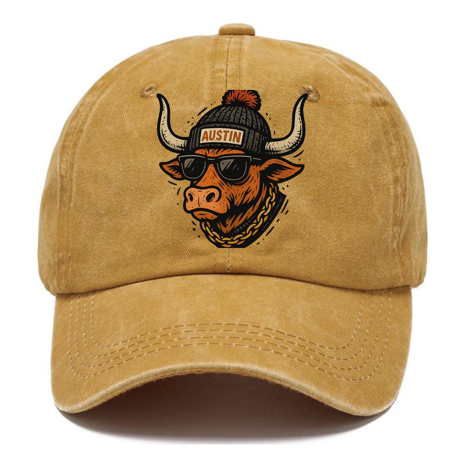 Texas Longhorn wearing Austin beanie with pom pom and wayfarer sunglasses - Classic Cap - Golden Harvest(Yellow)