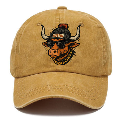 Texas Longhorn wearing Austin beanie with pom pom and wayfarer sunglasses - Classic Cap - Golden Harvest(Yellow)