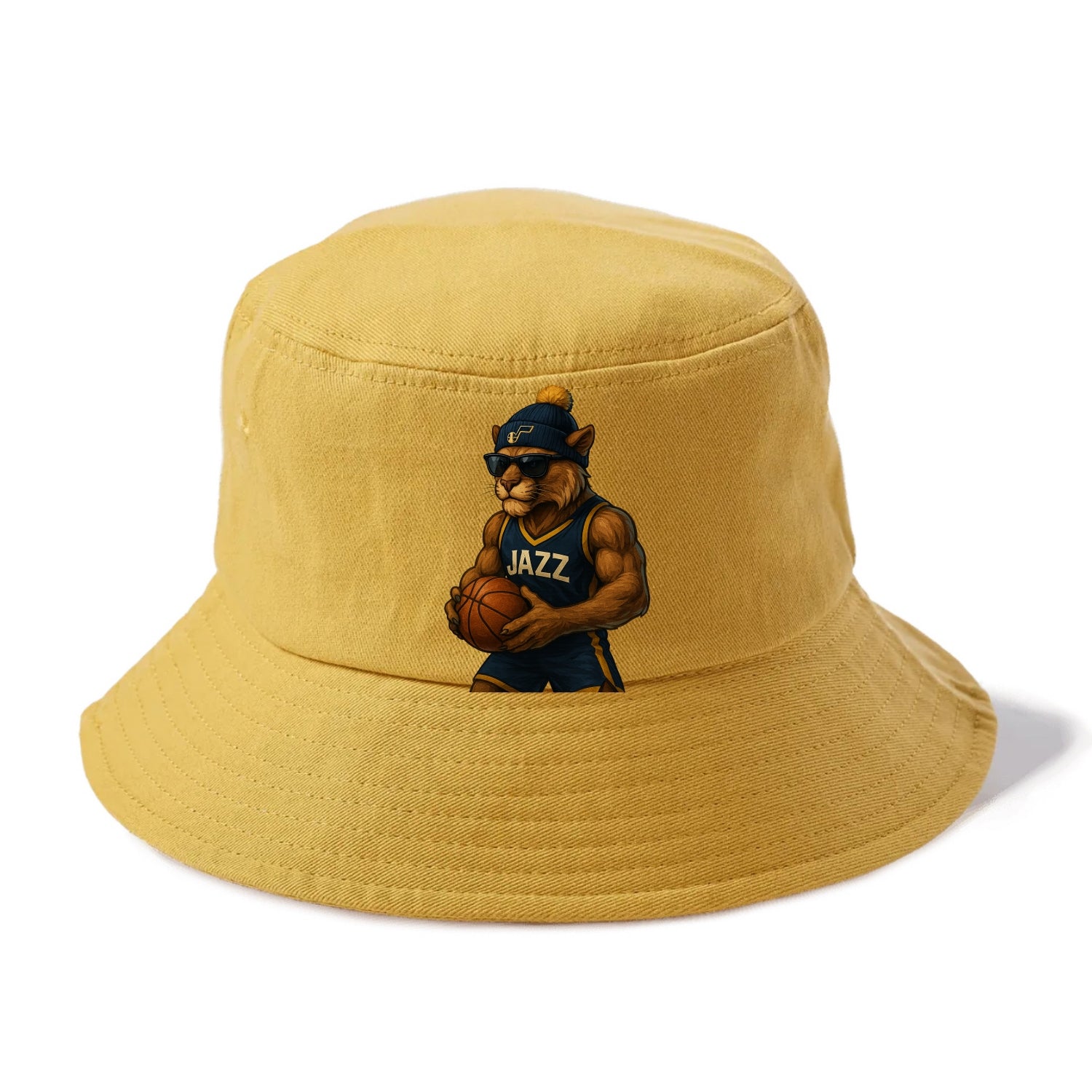 Utah Mountain Lion wearing Jazz navy and yellow beanie with music note and wayfarer - Bucket Hat - Golden Harvest(Yellow)