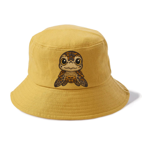 Baby Hawksbill Turtle - amber and brown shell pattern, curious golden eyes, - Bucket Hat