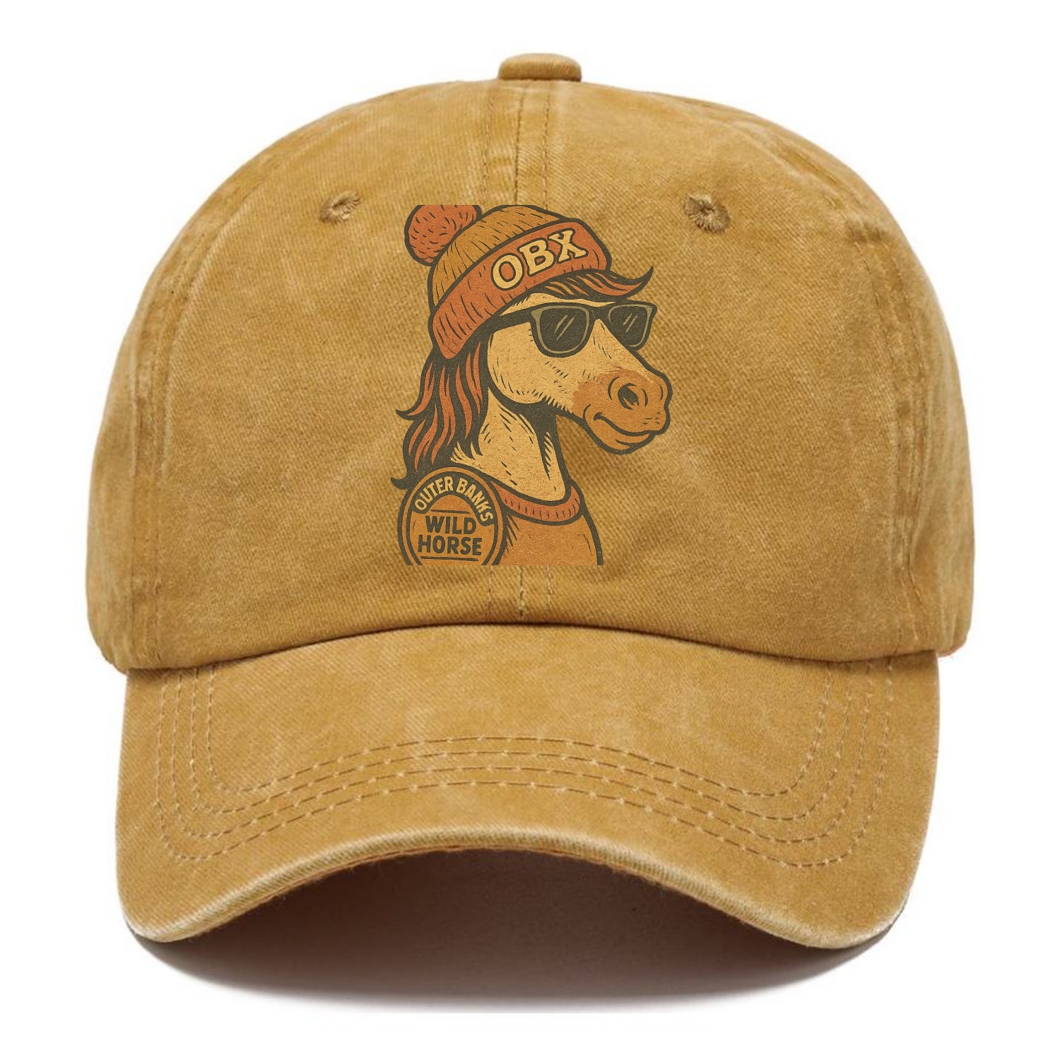 Outer Banks Wild Horse wearing OBX beanie with pom pom and wayfarer sunglasses - Classic Cap - Golden Harvest(Yellow)
