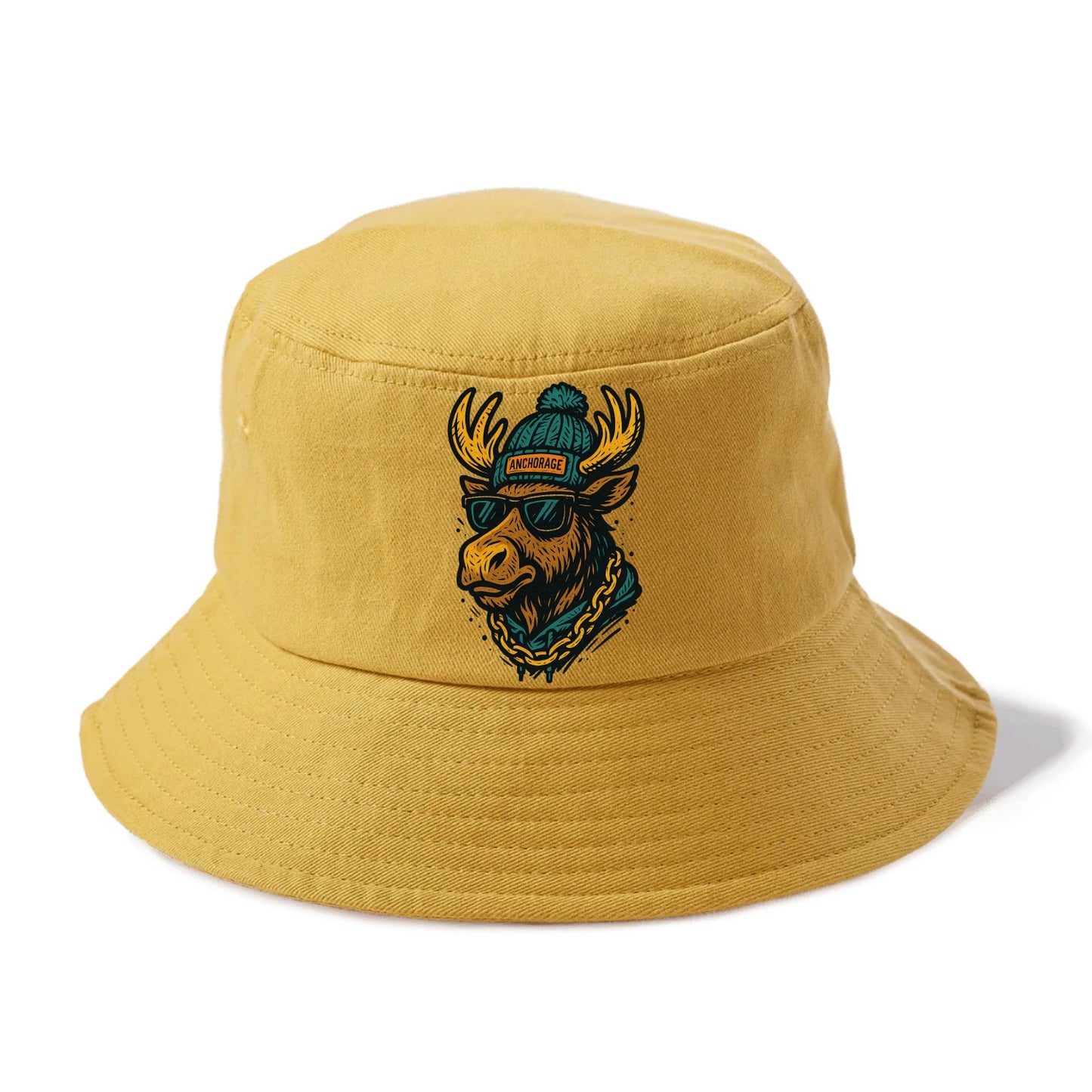 Alaska Moose wearing Anchorage beanie with pom pom and wayfarer sunglasses - Bucket Hat - Golden Harvest(Yellow)