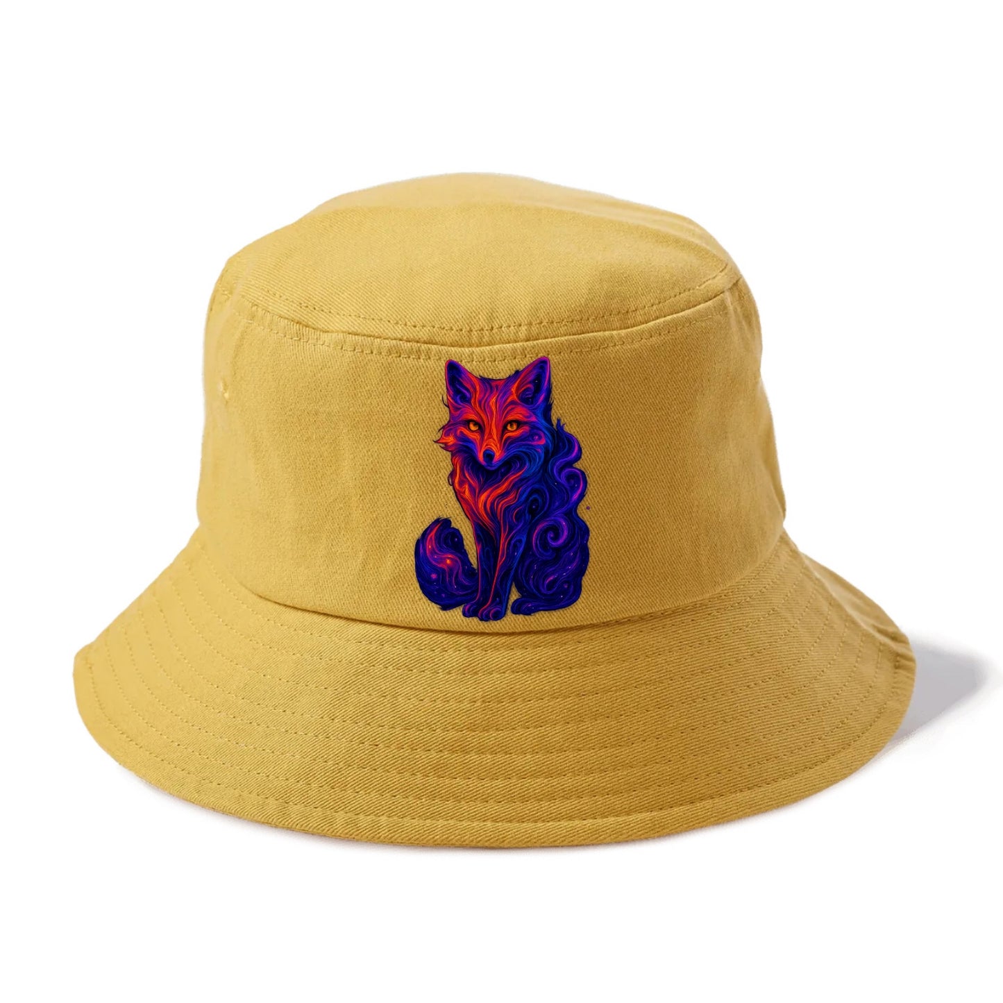Clever fox with tail dissolving into cosmic nebula swirls, orange to purple gradient - Bucket Hat - Golden Harvest(Yellow)
