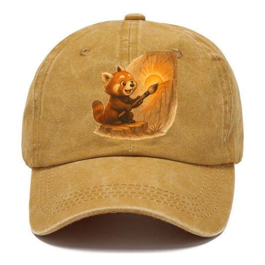 Red panda painting a sunrise mural with an oversized calligraphy brush on a cliff wall - Classic Cap - Golden Harvest(Yellow)