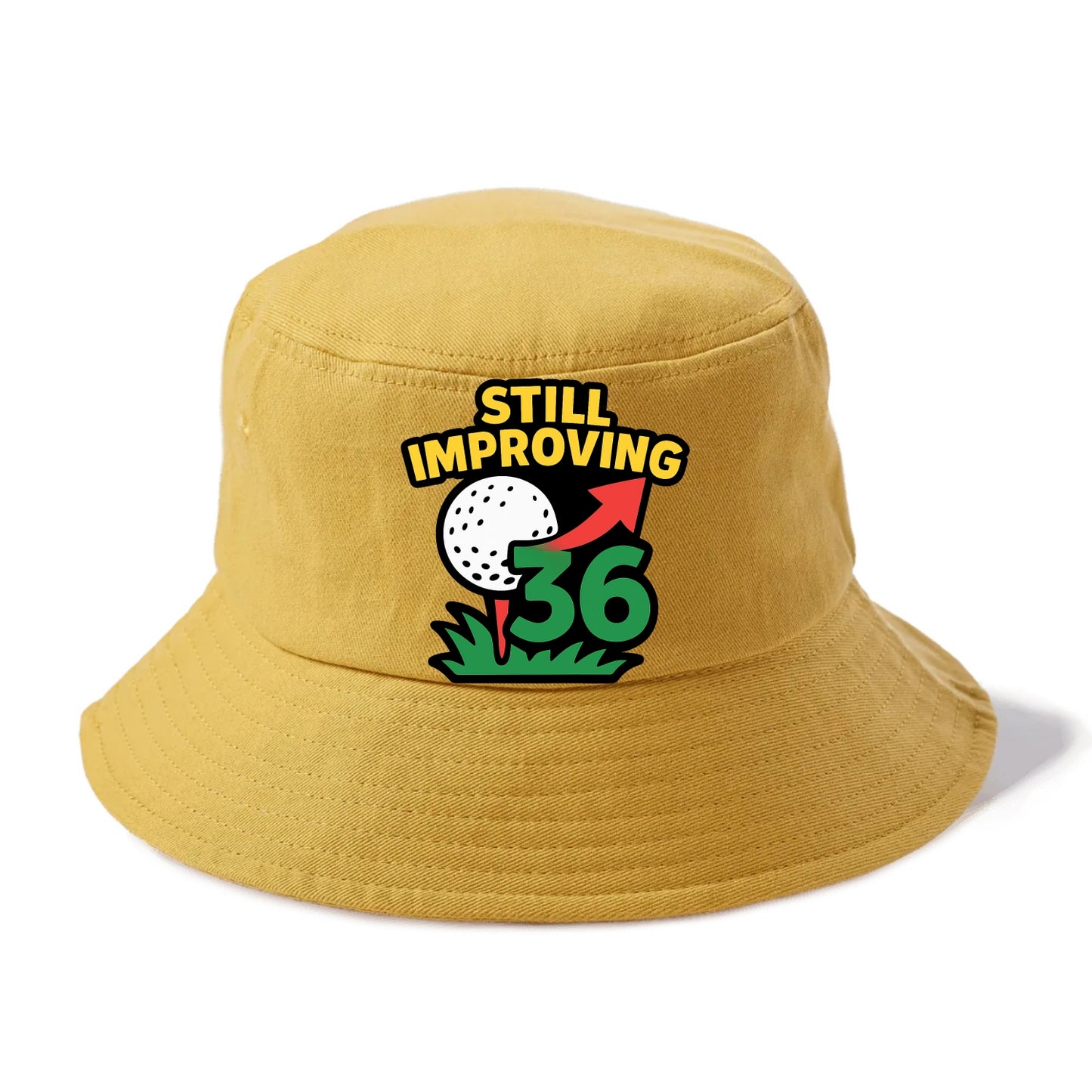 Handicap number getting higher with arrow - "Still Improving" - optimistic handicap - Bucket Hat - Golden Harvest(Yellow)