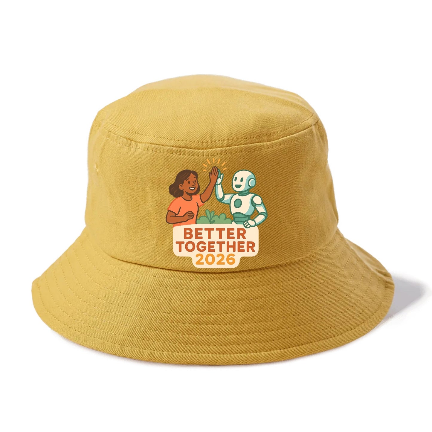 Human and AI robot high-fiving as collaborative partners - "Better Together 2026" - - Bucket Hat - Golden Harvest(Yellow)