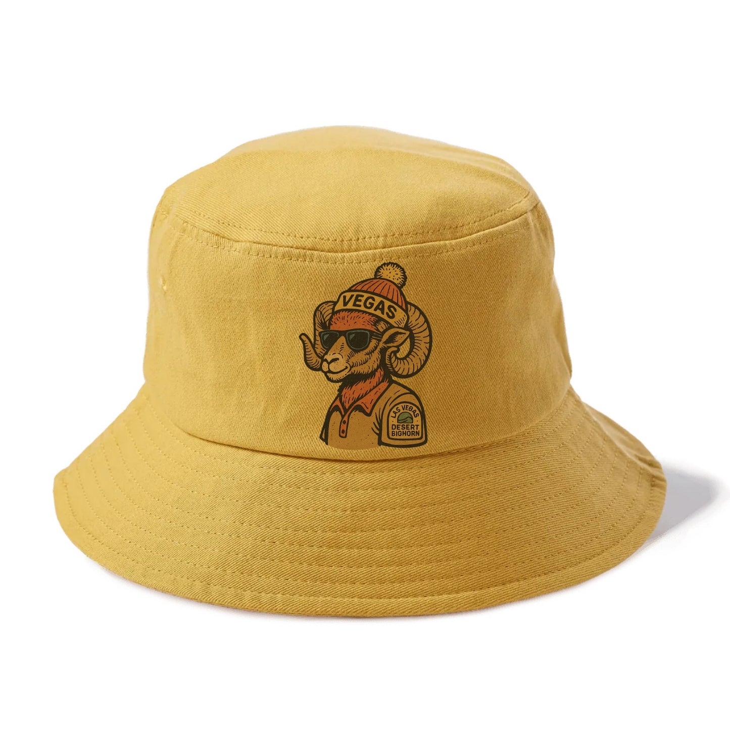 Las Vegas Desert Bighorn wearing Vegas beanie with pom pom and wayfarer sunglasses - Bucket Hat - Golden Harvest(Yellow)