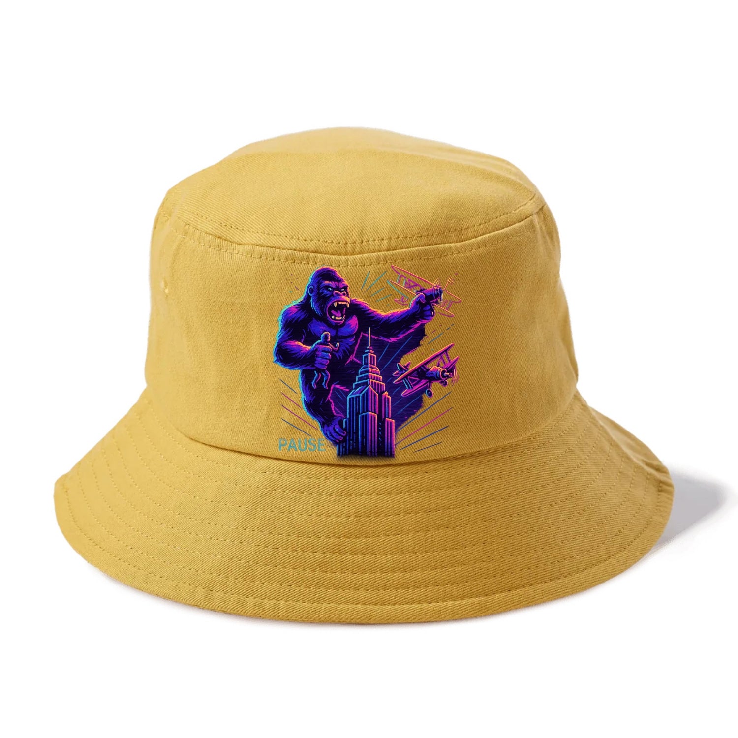 giant gorilla on top of skyscraper holding small figure, swatting planes - Bucket Hat - Golden Harvest(Yellow)