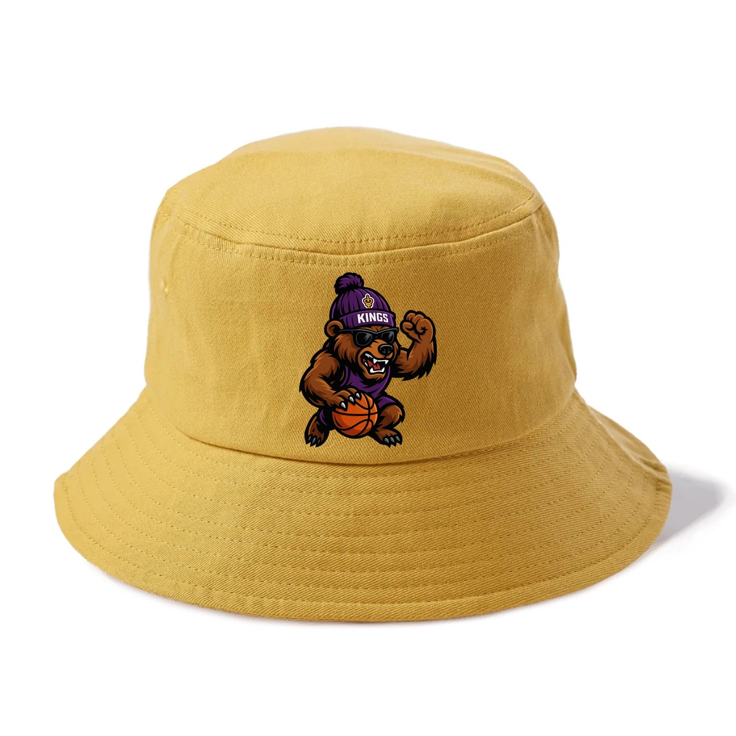 California Grizzly wearing Kings beanie with royal scepter patch and wayfarer - Bucket Hat - Golden Harvest(Yellow)