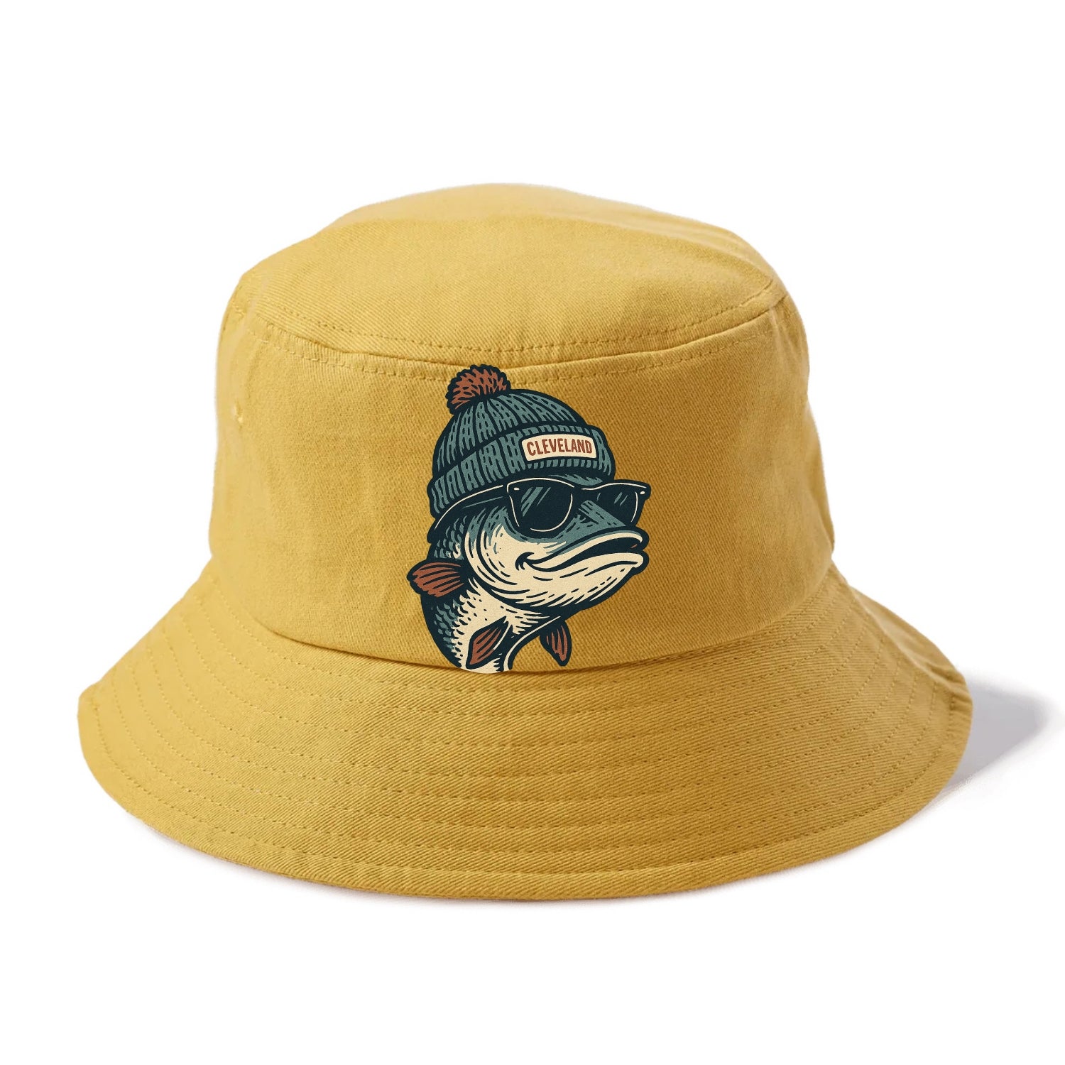 Cleveland Lake Erie Walleye wearing Cleveland beanie with pom pom and wayfarer - Bucket Hat - Golden Harvest(Yellow)