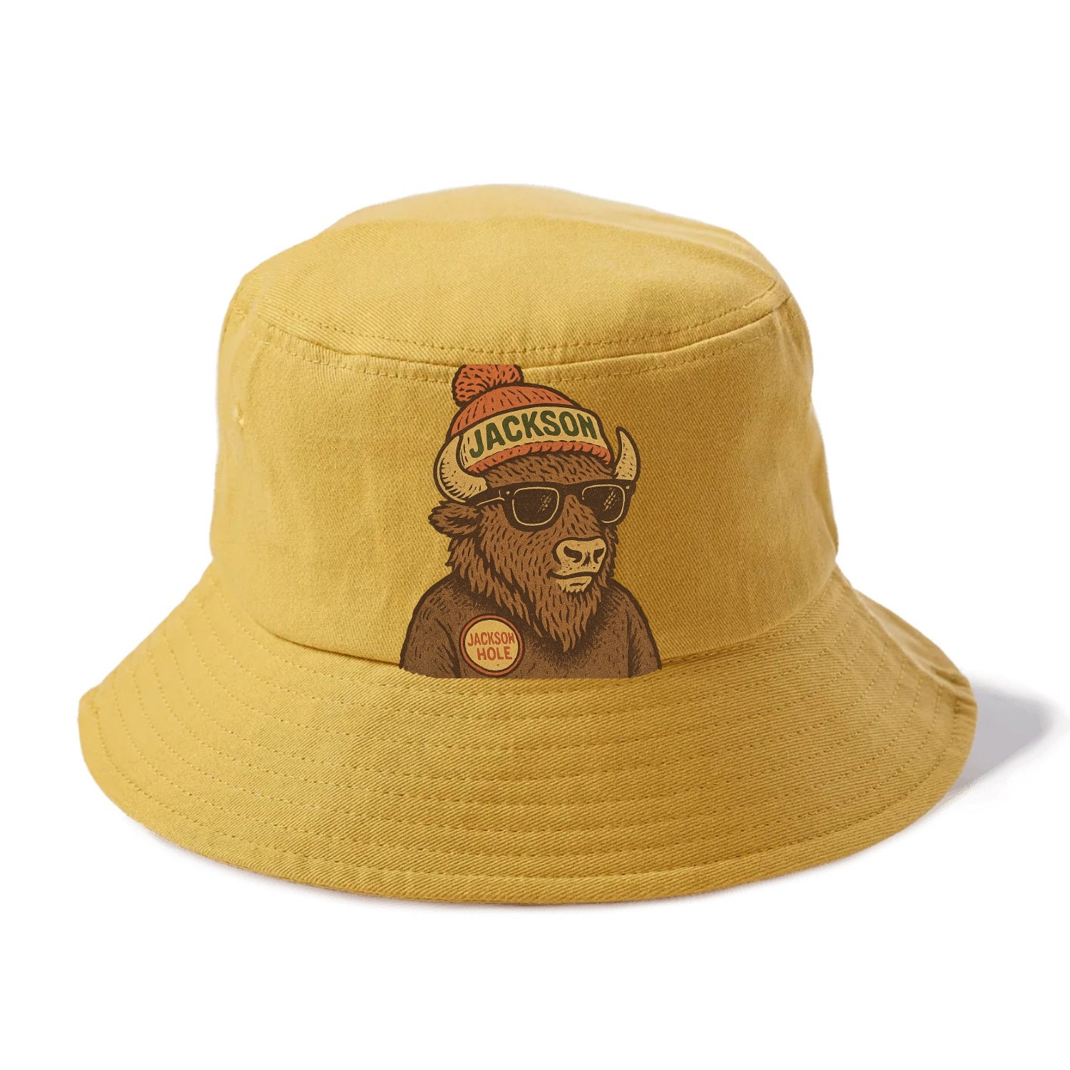 Jackson Hole Bison wearing Jackson beanie with pom pom and wayfarer sunglasses - Bucket Hat - Golden Harvest(Yellow)