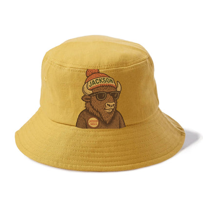 Jackson Hole Bison wearing Jackson beanie with pom pom and wayfarer sunglasses - Bucket Hat - Golden Harvest(Yellow)