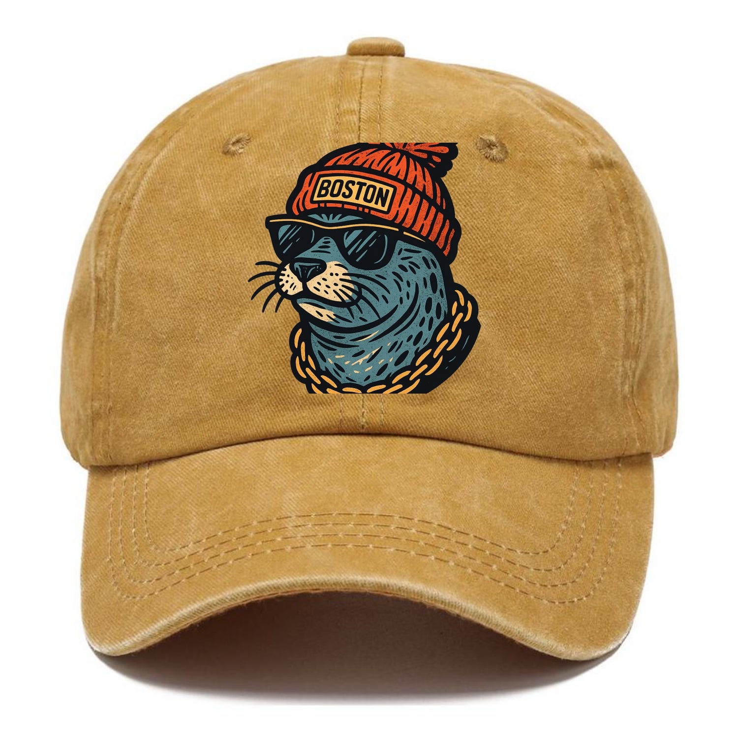 Boston Harbor Seal wearing Boston beanie with pom pom and wayfarer sunglasses - Classic Cap - Golden Harvest(Yellow)