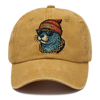 Boston Harbor Seal wearing Boston beanie with pom pom and wayfarer sunglasses - Classic Cap - Golden Harvest(Yellow)