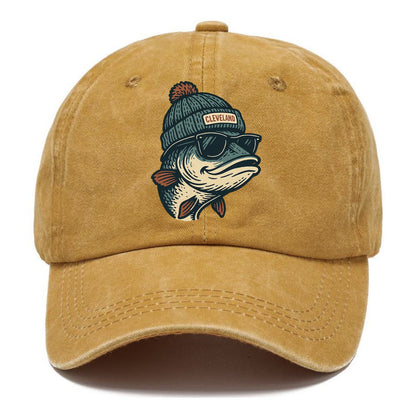 Cleveland Lake Erie Walleye wearing Cleveland beanie with pom pom and wayfarer - Classic Cap - Golden Harvest(Yellow)