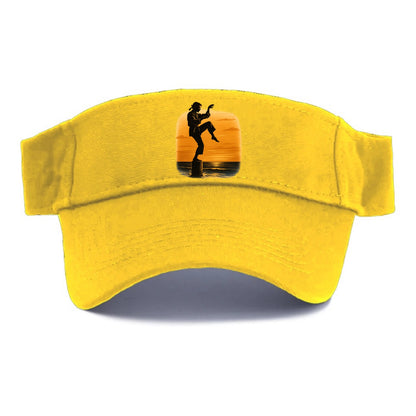 karate crane kick pose on wooden post at beach sunset - Visor - Golden Harvest(Yellow)