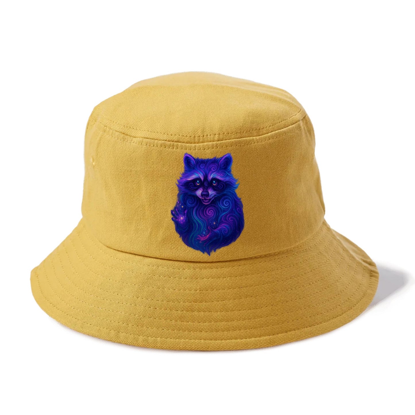 Playful raccoon with mask swirling in hypnotic patterns, neon purple and green fur - Bucket Hat - Golden Harvest(Yellow)