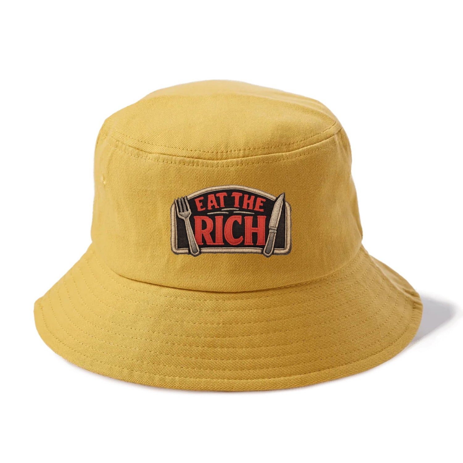 EAT THE RICH - fork and knife with text in red and silver , class war - Bucket Hat - Golden Harvest(Yellow)