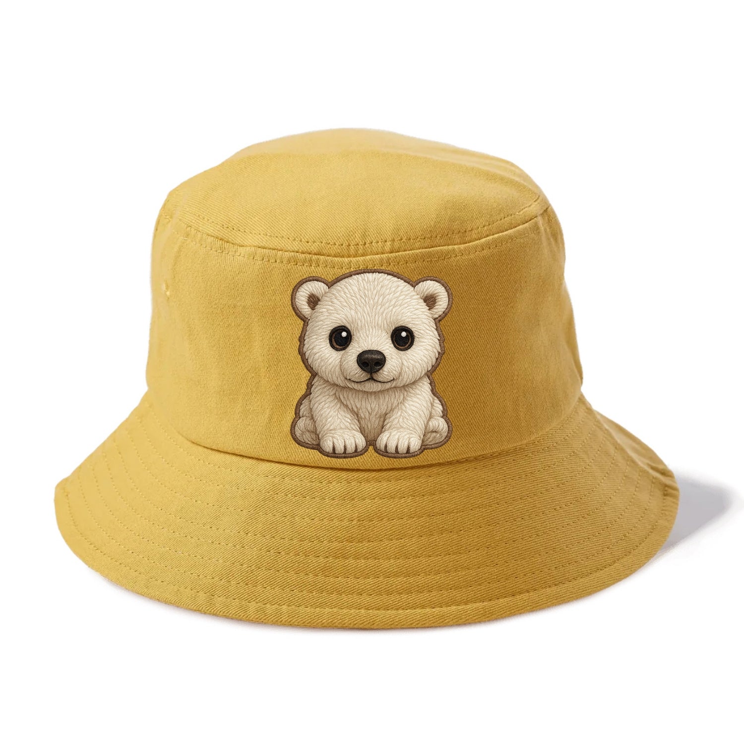 Baby Polar Bear Cub - white fluffy, black nose, dark curious eyes, front-facing, iconic - Bucket Hat - Golden Harvest(Yellow)
