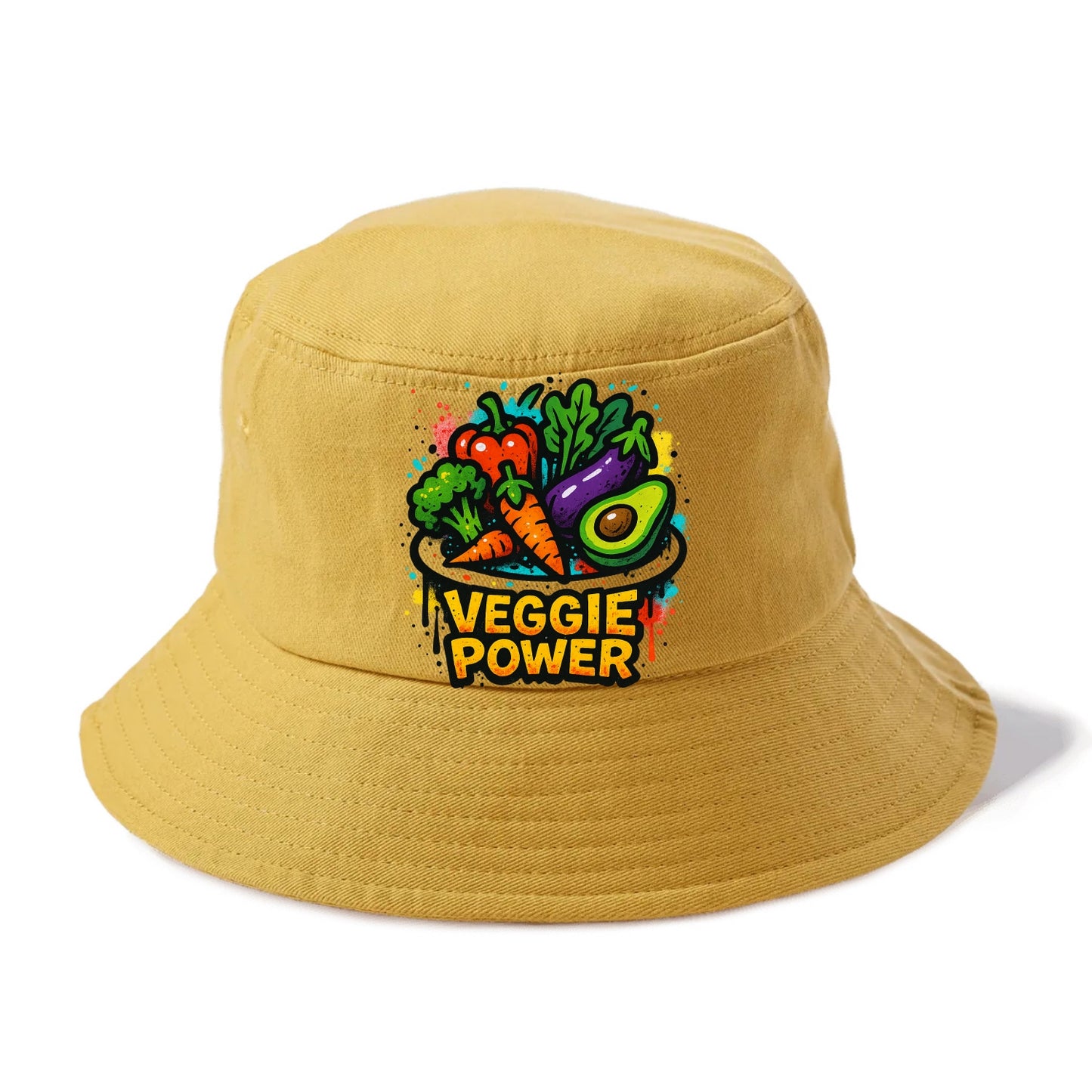 Colorful vegetables and plants on plate - plant-based lifestyle, veggie power - Bucket Hat - Golden Harvest(Yellow)