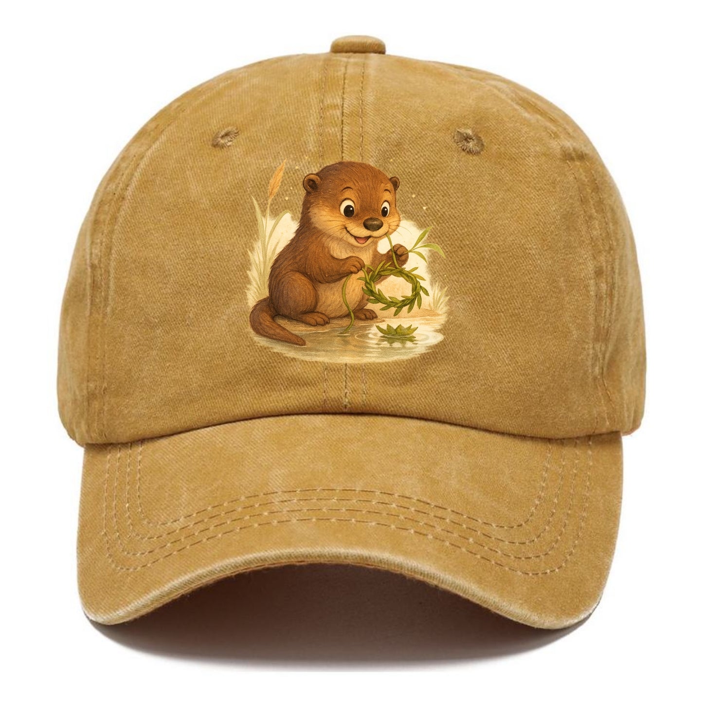 Otter weaving river reeds into a floating crown beside mirror-still water - Classic Cap - Golden Harvest(Yellow)