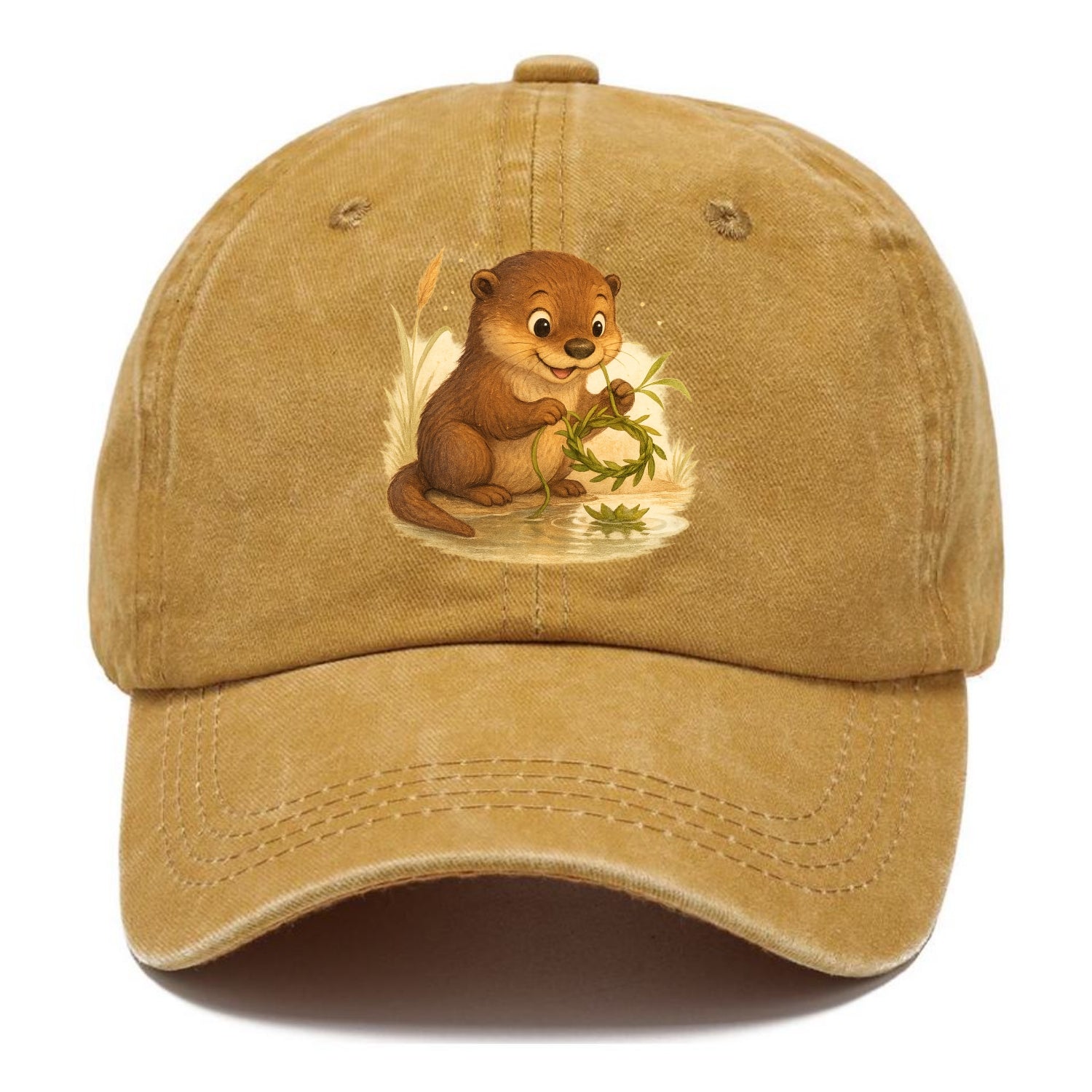 Otter weaving river reeds into a floating crown beside mirror-still water - Classic Cap - Golden Harvest(Yellow)