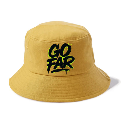 Bold typography design - "GO FAR" - distance goals, pushing limits - Bucket Hat - Golden Harvest(Yellow)