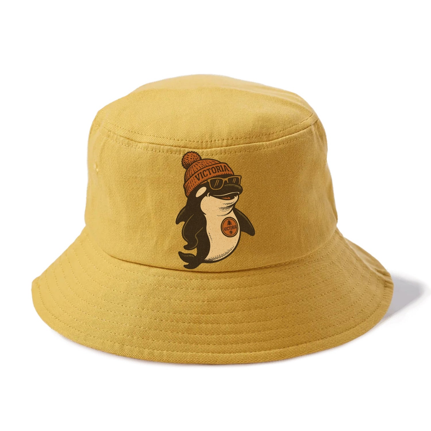 Victoria Orca wearing Victoria beanie with pom pom and wayfarer sunglasses - Bucket Hat - Golden Harvest(Yellow)