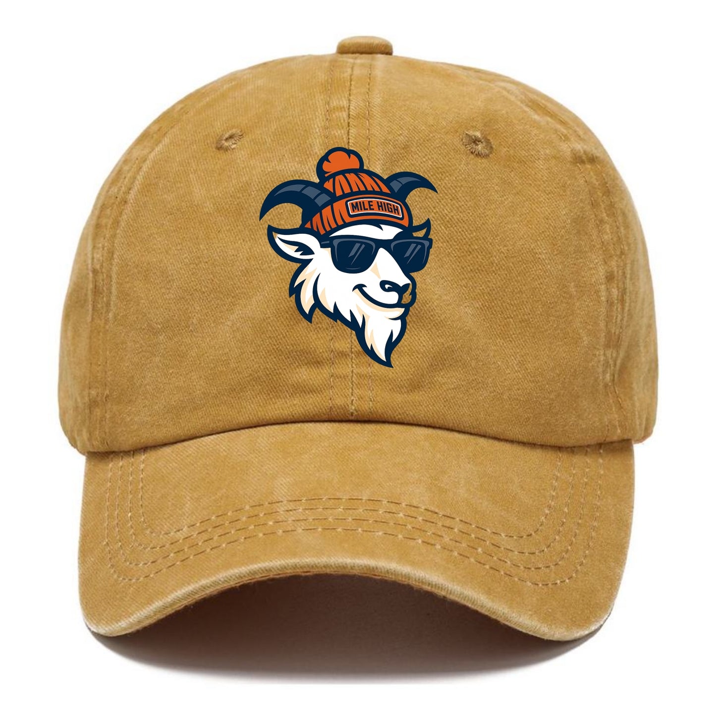 Denver Mountain Goat wearing Broncos beanie with Mile High patch and wayfarer - Classic Cap - Golden Harvest(Yellow)