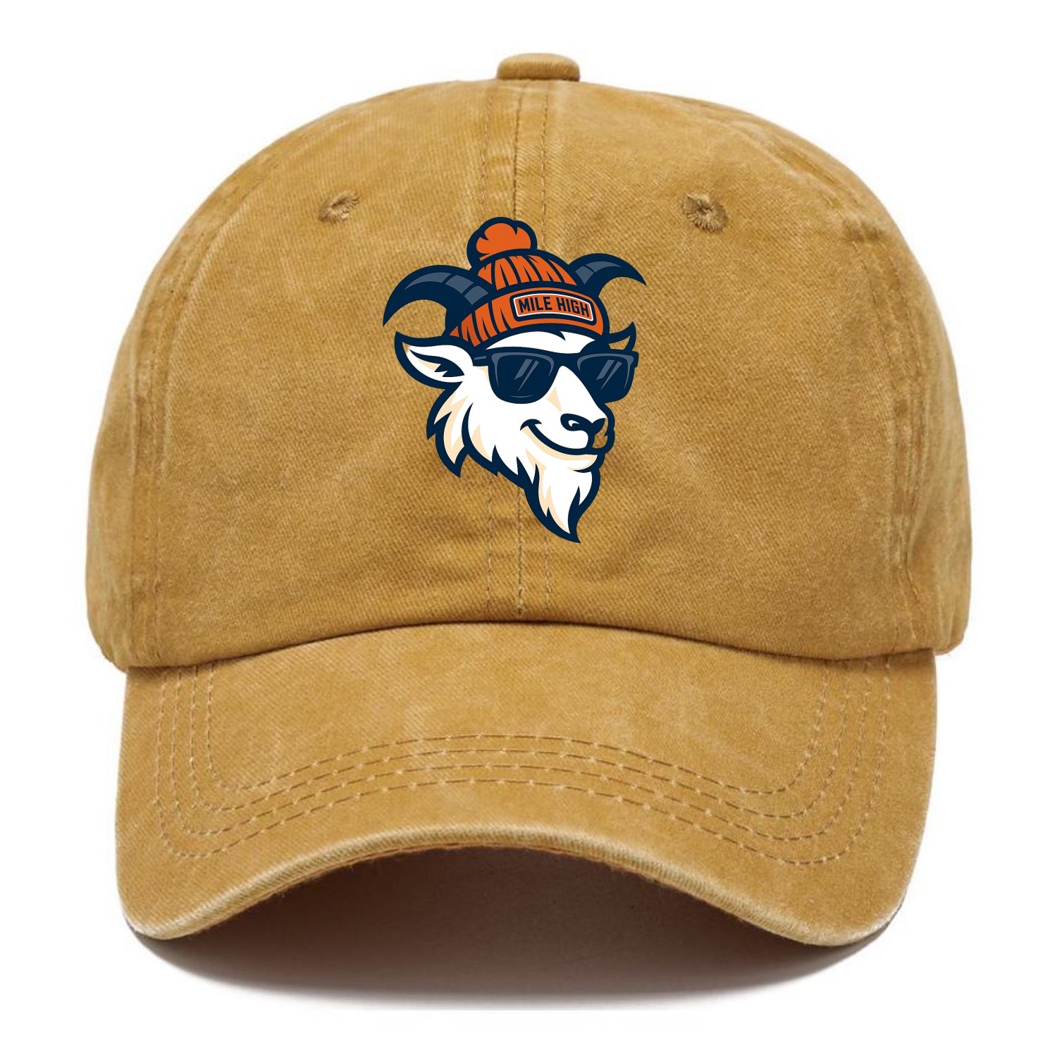 Denver Mountain Goat wearing Broncos beanie with Mile High patch and wayfarer - Classic Cap - Golden Harvest(Yellow)