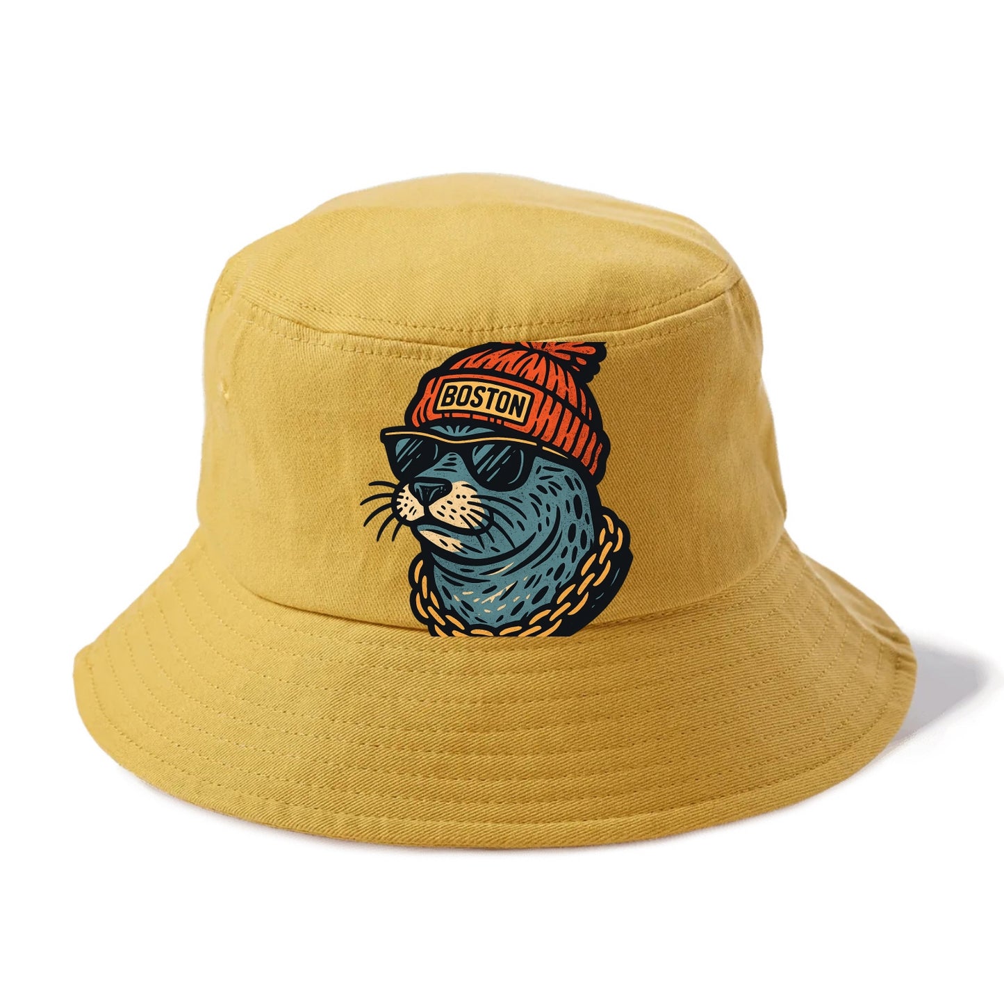 Boston Harbor Seal wearing Boston beanie with pom pom and wayfarer sunglasses - Bucket Hat - Golden Harvest(Yellow)