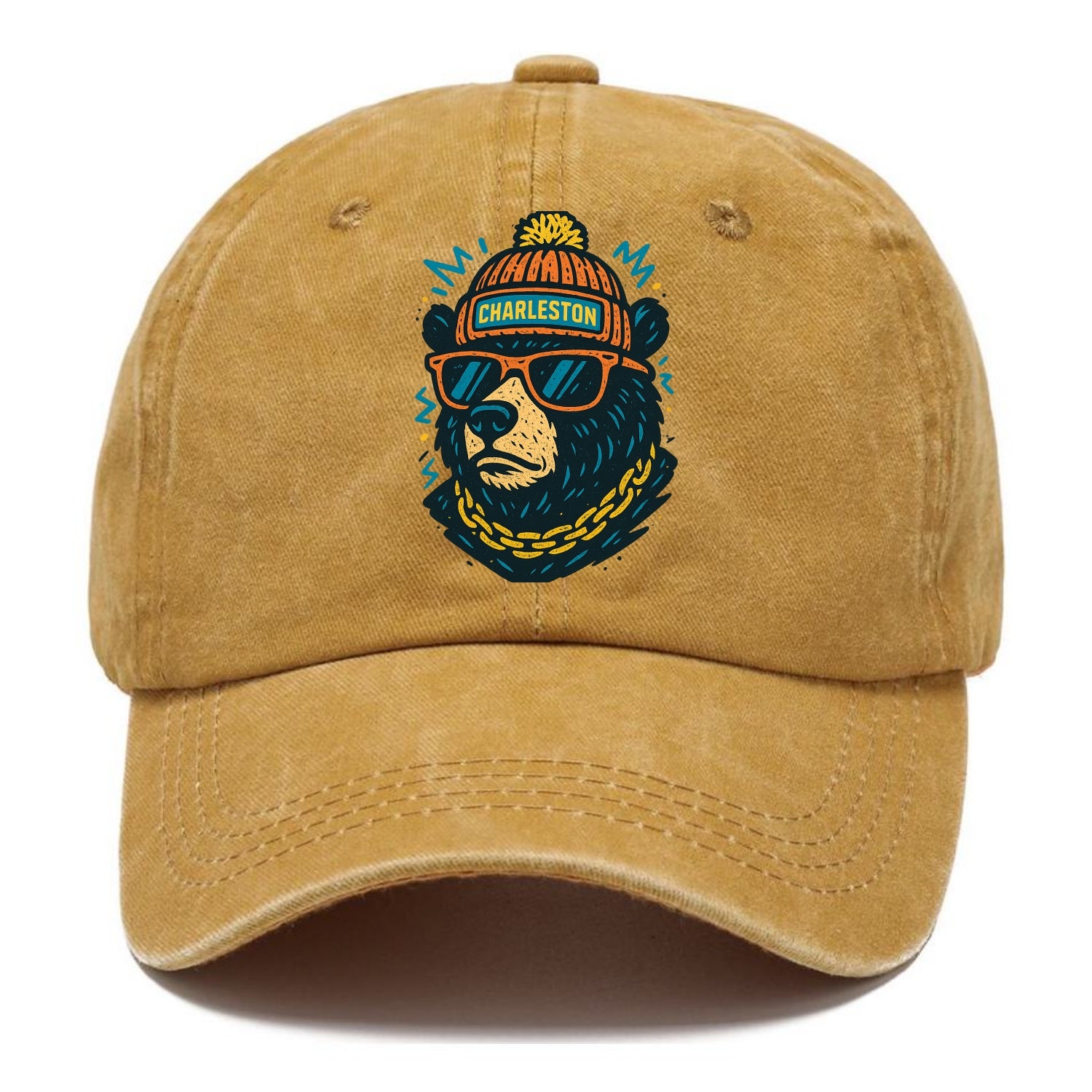 West Virginia Black Bear wearing Charleston beanie with pom pom and wayfarer - Classic Cap - Golden Harvest(Yellow)