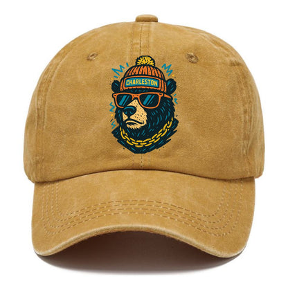 West Virginia Black Bear wearing Charleston beanie with pom pom and wayfarer - Classic Cap - Golden Harvest(Yellow)