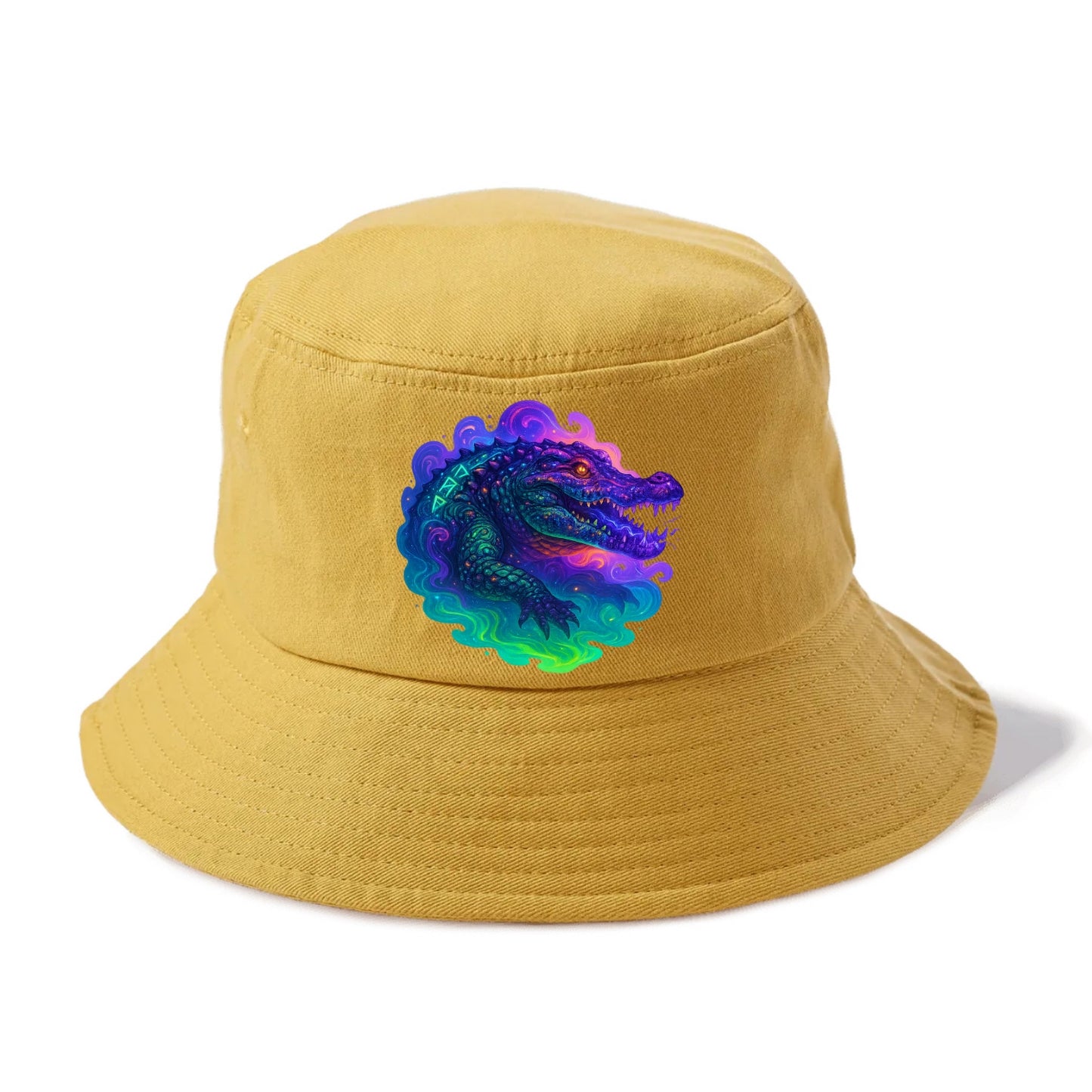 Primordial crocodile with scales pulsing plasma energy in green and purple, ancient - Bucket Hat - Golden Harvest(Yellow)