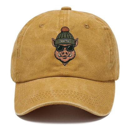 Washington Hog wearing Seattle beanie with pom pom and wayfarer sunglasses - Classic Cap - Golden Harvest(Yellow)