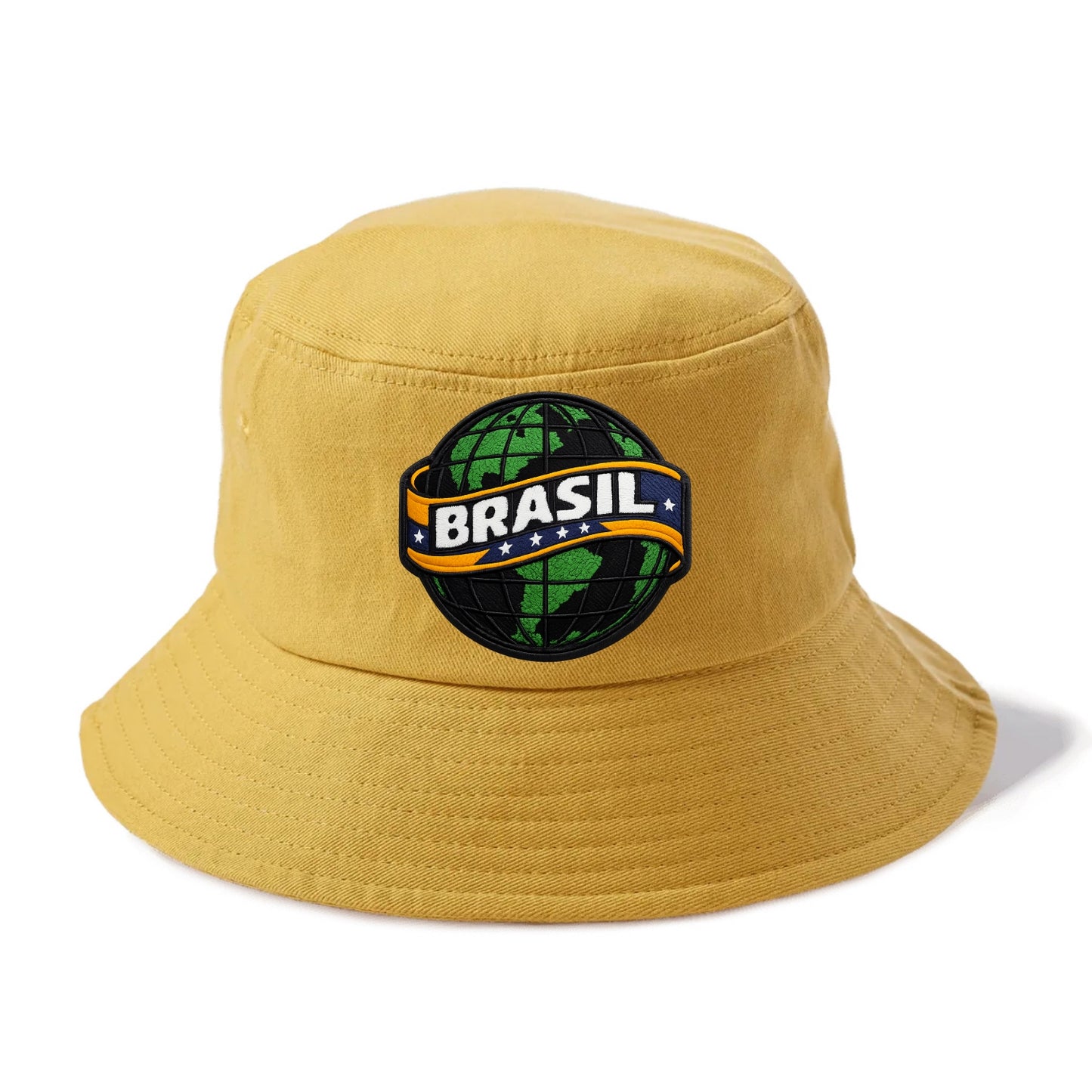 BRAZILIAN FLAG GLOBE - green globe with banner in green yellow blue , Brasil - Bucket Hat - Golden Harvest(Yellow)