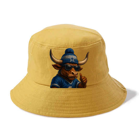 Texas Longhorn wearing Cowboys silver and blue beanie with star and wayfarer sunglasses - Bucket Hat - Golden Harvest(Yellow)