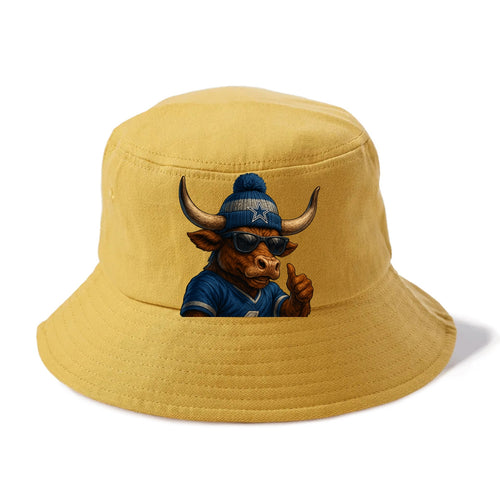 Texas Longhorn wearing Cowboys silver and blue beanie with star and wayfarer sunglasses - Bucket Hat