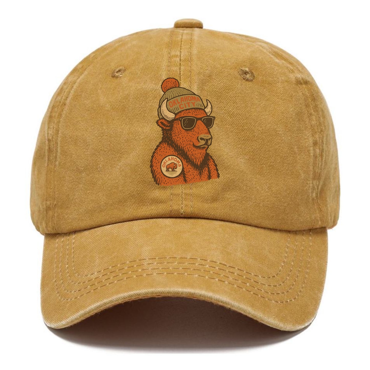 Oklahoma Buffalo wearing Oklahoma City beanie with pom pom and wayfarer sunglasses - Classic Cap - Golden Harvest(Yellow)