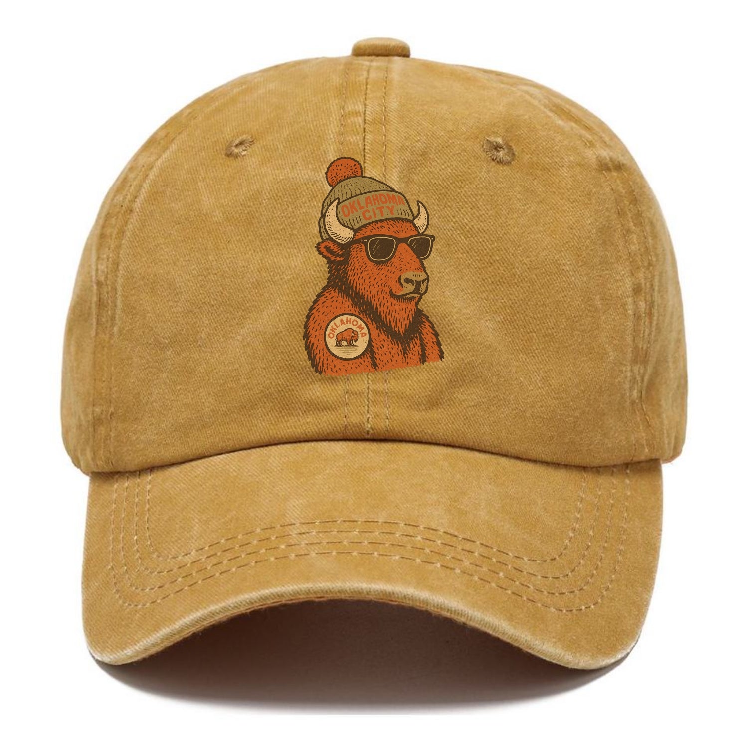 Oklahoma Buffalo wearing Oklahoma City beanie with pom pom and wayfarer sunglasses - Classic Cap - Golden Harvest(Yellow)